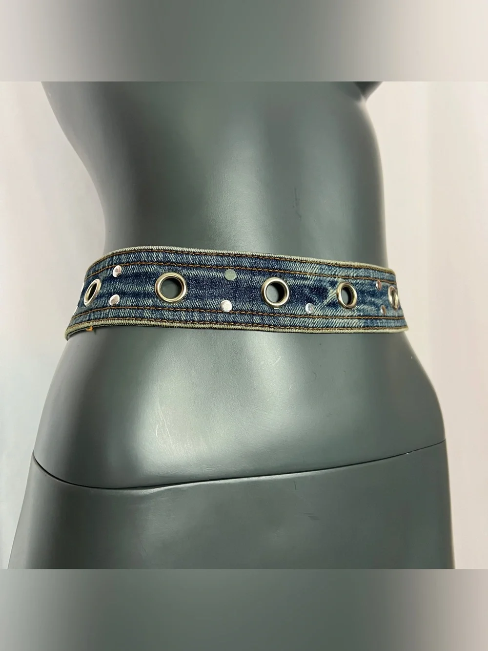 Vintage Y2K Blue Denim Fabric Grommet Belt